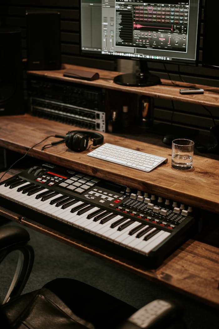 A modern music studio setup featuring a MIDI keyboard, computer monitor, and headphones.