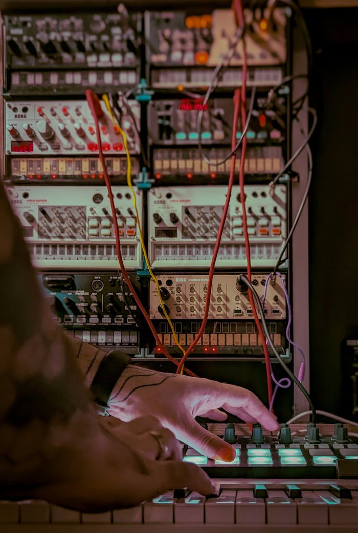 Close-up of musician using synthesizer and drum machine in a studio with cables and pink lighting.